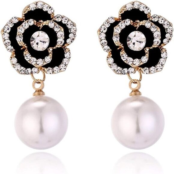 Women's Black/White Imitation Pearl Rose Crystal Dainty Dangle Drop Earrings